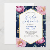 Navy Blue Pink Gold Peonies Baby shower Uitnodigin Kaart (Voorkant / Achterkant)