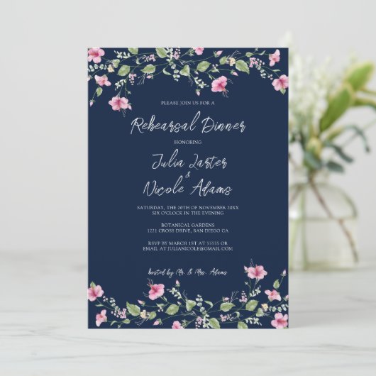 Navy Blue Pink Hibiscus Bloom Repetitie Diner Kaart (Staand voorkant)