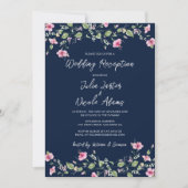 Navy Blue Pink Hibiscus Bloom Wedding Receptie Kaart (Voorkant)