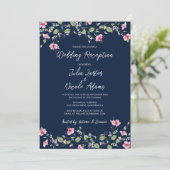 Navy Blue Pink Hibiscus Bloom Wedding Receptie Kaart (Staand voorkant)