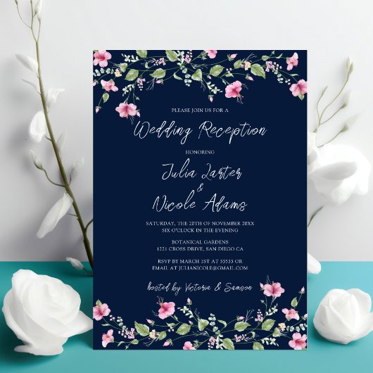 Navy Blue Pink Hibiscus Bloom Wedding Receptie Kaart