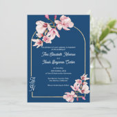 Navy Blue Pink Magnolia Elegant Floral Wedding Kaart (Staand voorkant)