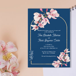 Navy Blue Pink Magnolia Elegant Floral Wedding Kaart