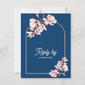 Navy Blue Pink Magnolia Floral Wedding Reply By RSVP Kaartje (Voorkant)