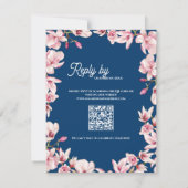 Navy Blue Pink Magnolia Floral Wedding Reply By RSVP Kaartje (Achterkant)