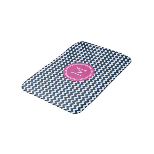Navy Blue Pink Monogram Chevron Stripes Bathmat Badmat (Gekanteld)