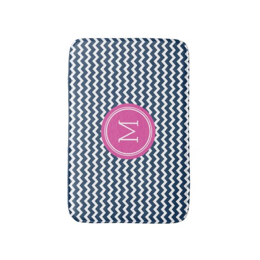Navy Blue Pink Monogram Chevron Stripes Bathmat Badmat (Voorkant Verticaal)