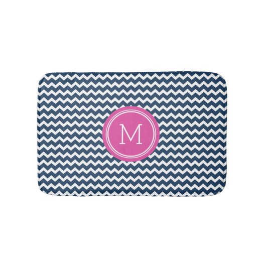 Navy Blue Pink Monogram Chevron Stripes Bathmat Badmat (Voorkant)