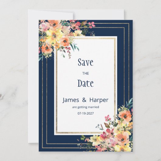 Navy blue pink orange gold floral Save the Date Kaart (Voorkant)