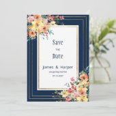Navy blue pink orange gold floral Save the Date Kaart (Staand voorkant)