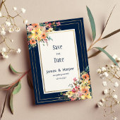Navy blue pink orange gold floral Save the Date Kaart