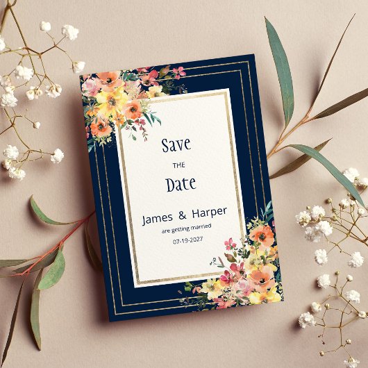 Navy blue pink orange gold floral Save the Date Kaart