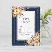 Navy blue pink orange gold floral spring RSVP Kaart (Staand voorkant)