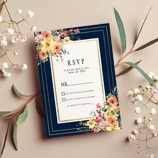Navy blue pink orange gold floral spring RSVP Kaart