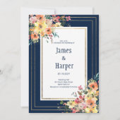 Navy blue pink orange gold floral spring Wedding  Kaart (Voorkant)