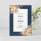 Navy blue pink orange gold floral spring Wedding  Kaart (Staand voorkant)