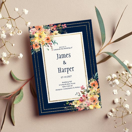 Navy blue pink orange gold floral spring Wedding  Kaart