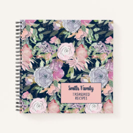 Navy Blue Pink Paars Hand Drawn Floral Recipe Notitieboek