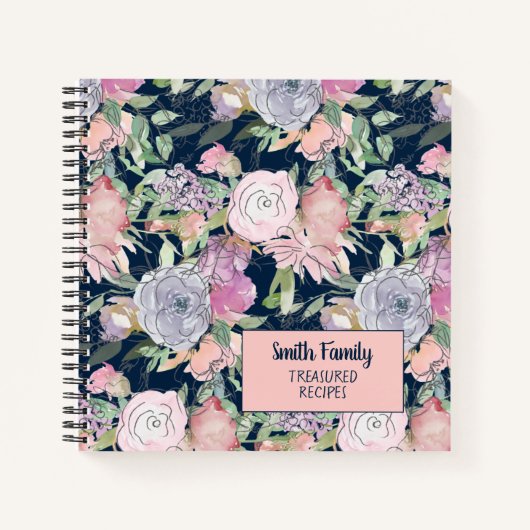 Navy Blue Pink Paars Hand Drawn Floral Recipe Notitieboek (Voorkant)