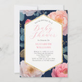 Navy Blue Pink Peonies Baby shower Uitnodiging (Voorkant)