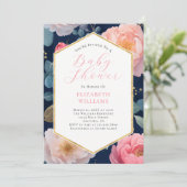 Navy Blue Pink Peonies Baby shower Uitnodiging (Staand voorkant)