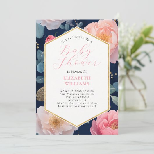 Navy Blue Pink Peonies Baby shower Uitnodiging (Staand voorkant)