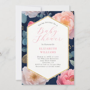 Navy Blue Pink Peonies Baby shower Uitnodiging
