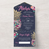 Navy Blue Pink Pineapple Floral Baby shower All In One Uitnodiging (Binnen)