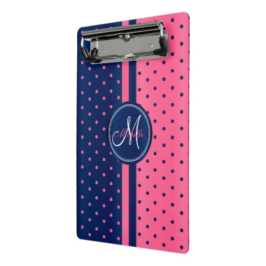 Navy Blue & Pink Polka Dots - Monogram Mini Klembord (Angled2)