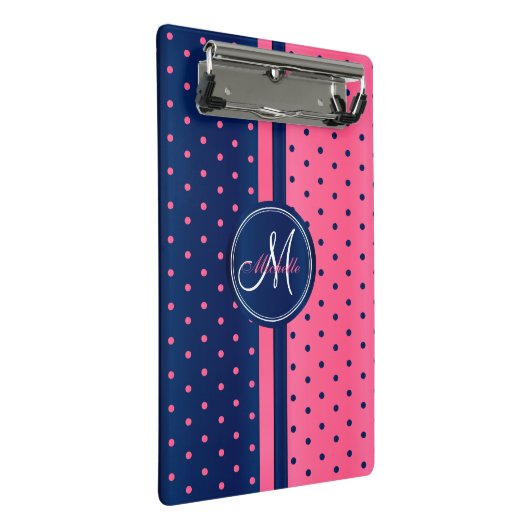 Navy Blue & Pink Polka Dots - Monogram Mini Klembord (Schuin)