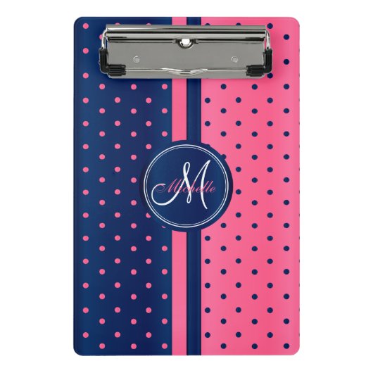 Navy Blue & Pink Polka Dots - Monogram Mini Klembord (Voorkant)