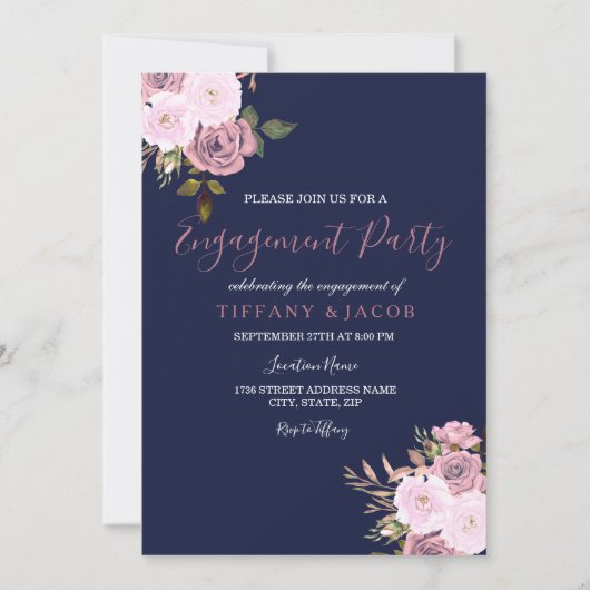 Navy Blue Pink & Roos Engagement Party nodigt uit Kaart (Voorkant)