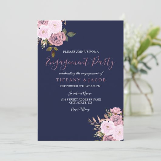 Navy Blue Pink & Roos Engagement Party nodigt uit Kaart (Staand voorkant)
