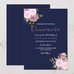 Navy Blue Pink & Roos Gold Quinceanera Kaart