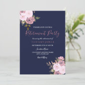 Navy Blue Pink & Roos Gold Retirement Party Invite Kaart (Staand voorkant)
