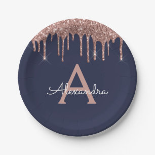 Navy Blue Pink Rose Gold Glitter Monogram Verjaard Papieren Bordje