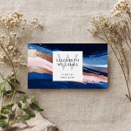Navy Blue Pink Rose Gold Monogram Business Cards Visitekaartje
