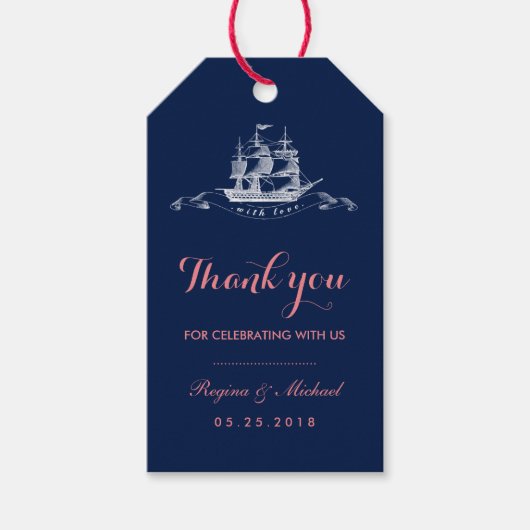 Navy Blue Pink  Ship Beach Wedding Gift Label Cadeaulabel (Voorkant)