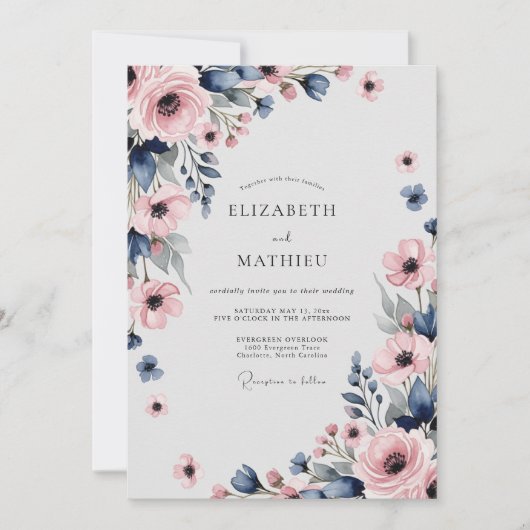 Navy Blue Pink Sophisticated Spring Wedding Kaart (Voorkant)