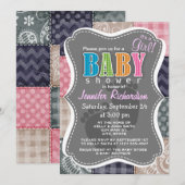 Navy Blue, Pink, Tan en Grey Schattigee Quilt look Kaart (Voorkant / Achterkant)