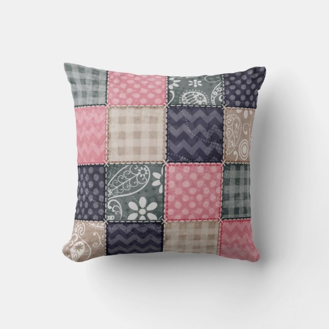 Navy Blue, Pink, Tan en Grey Schattigee Quilt look Kussen (Voorkant)