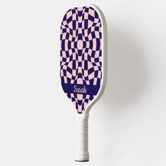 Navy Blue & Pink Wavy Checkerboard Monogram Pickleball Paddle (Links)