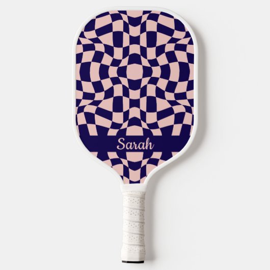 Navy Blue & Pink Wavy Checkerboard Monogram Pickleball Paddle (Achterkant)