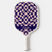 Navy Blue & Pink Wavy Checkerboard Monogram Pickleball Paddle (Voorkant)