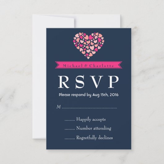 Navy Blue Pink Wedding RSVP Kaart met liefde (Voorkant)