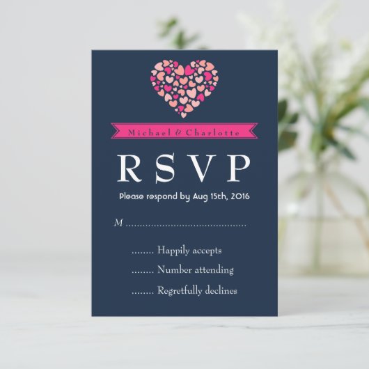 Navy Blue Pink Wedding RSVP Kaart met liefde (Staand voorkant)