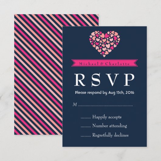 Navy Blue Pink Wedding RSVP Kaart met liefde (Voorkant / Achterkant)
