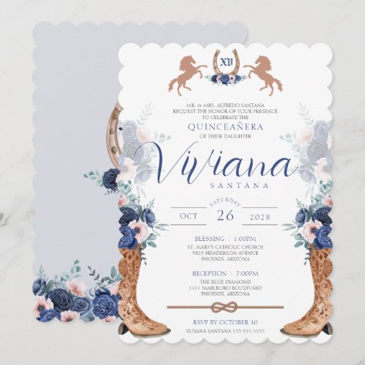 Navy Blue Pink Westerne Boots Charro Quinceanos Kaart (Voorkant / Achterkant)