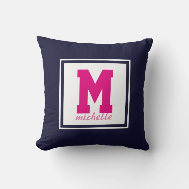Navy Blue PINK White Preppy Monogram NAME Aangepas Kussen (Voorkant)
