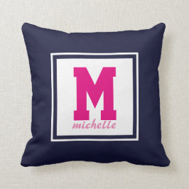 Navy Blue PINK White Preppy Monogram NAME Aangepas Kussen